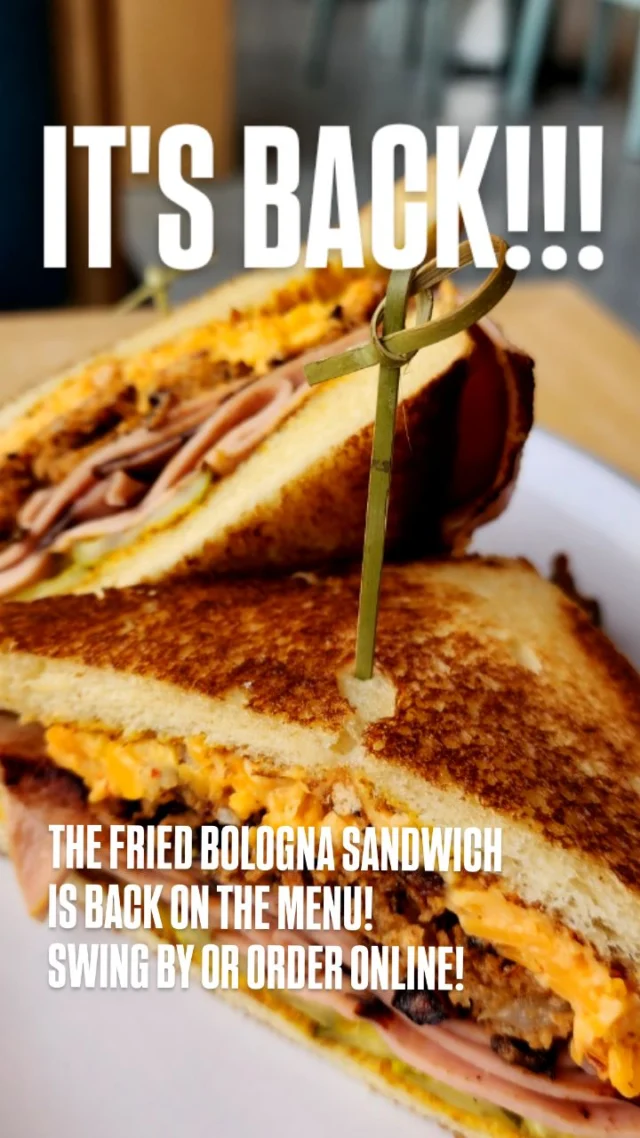 It's BACK!!!
Y'all wanted it back, so here it is.

FRIED BOLOGNA SANDWICH
• Smoked & Fries Bologna
• Fried Onion Strings
• Pimento Cheese
• B&B Pickles
• Yellow Mustard
• Grilled Hawaiian Bread